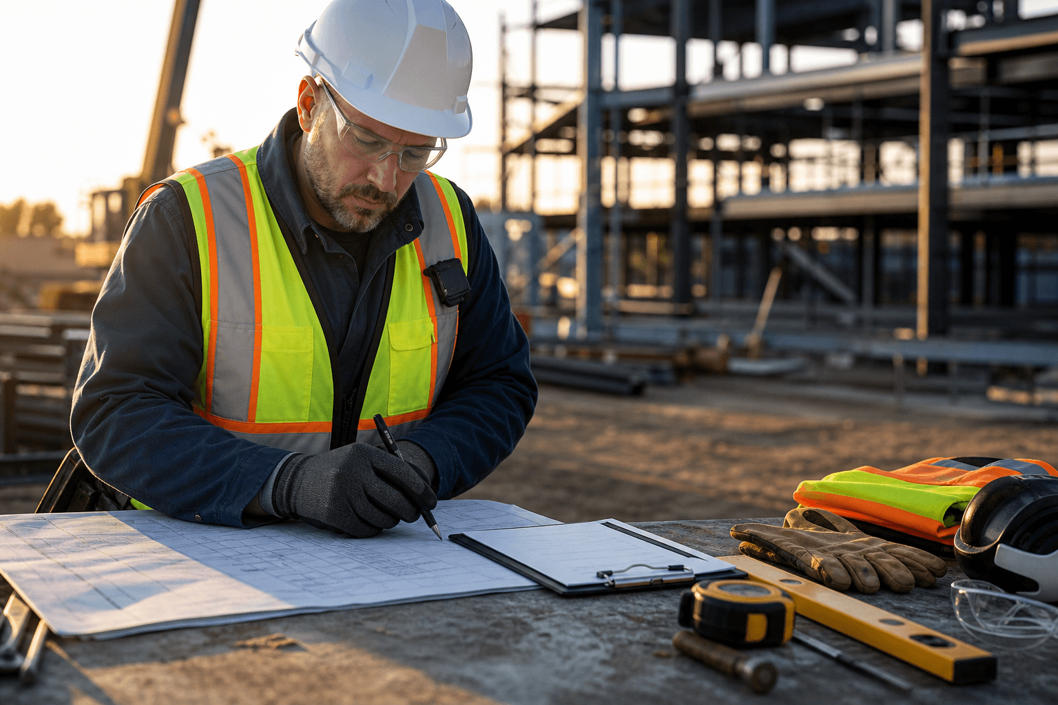 Safety specialist reviewing project plans at a construction site